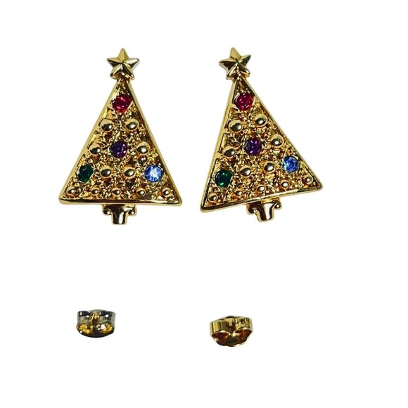Gold Tone And Rhinestone Christmas Tree Pierced Earrings (6101) - Picture 4 of 5